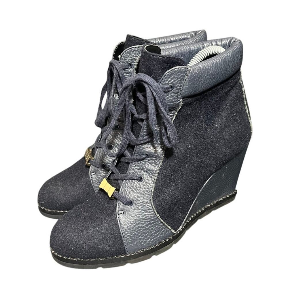Kate Spade Lace Up Wool Colorblock Wedge Bootie Shoes Blue Womens Size 8.5